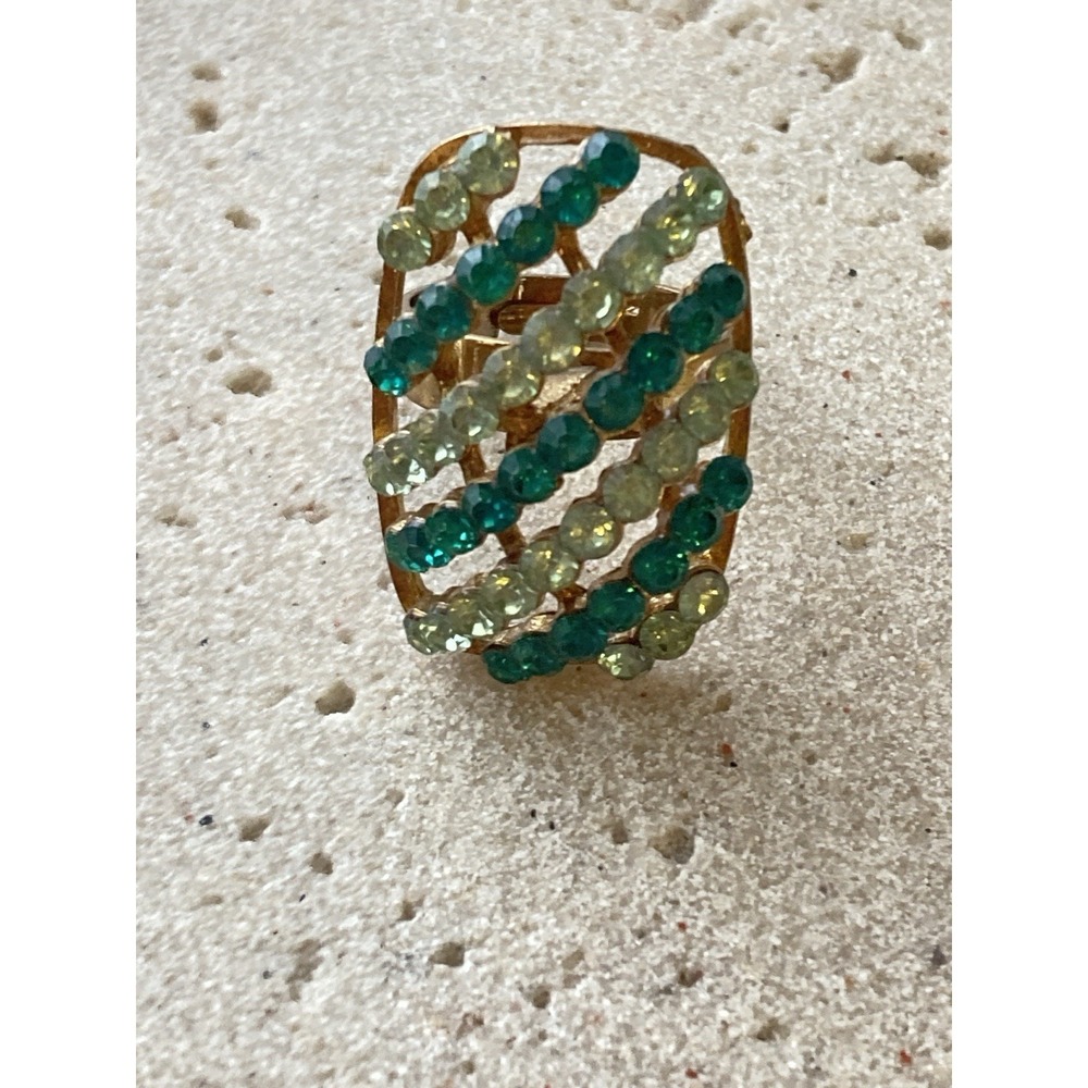 Gold Tone Green Rhinestone‎ Cocktail Ring Openwork Size 7 Statement Romantic